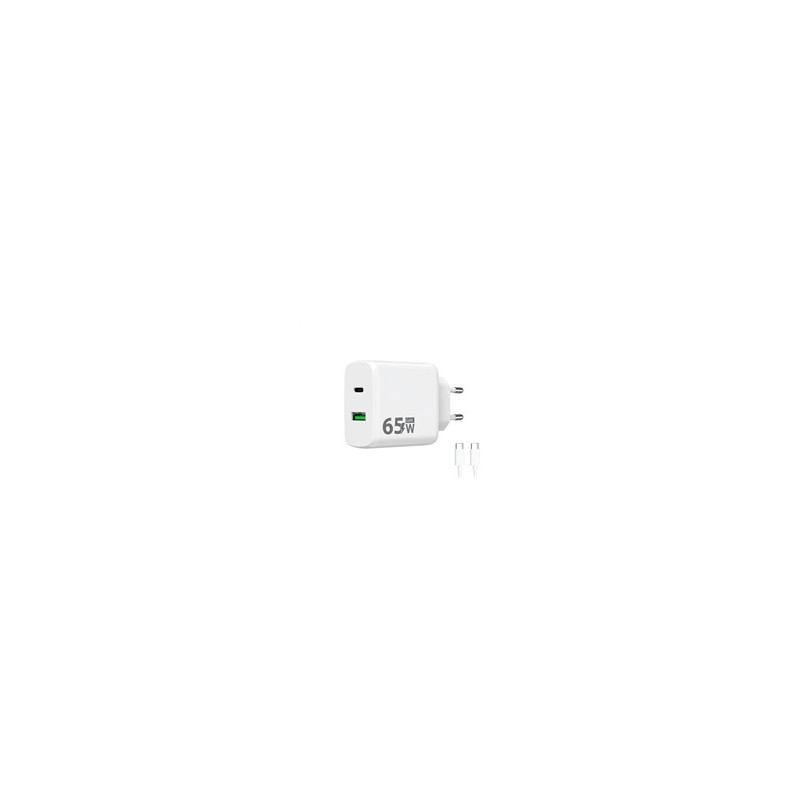 WG - Síťová nabíječka GaN 2x USB 65W, 1x USB-C PD 65W + 1x USB-A QC 3.0 18W, kabel Type-C na Type-C, bílá