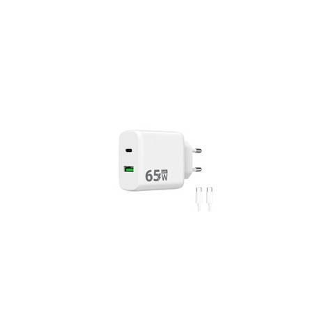 WG - Síťová nabíječka GaN 2x USB 65W, 1x USB-C PD 65W + 1x USB-A QC 3.0 18W, kabel Type-C na Type-C, bílá