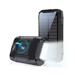 WG - Power Bank 20000 mAh, solarní panel + bezdrátové nabíjení 15W + svítilna + kompas, USB-C PD 20W, černá