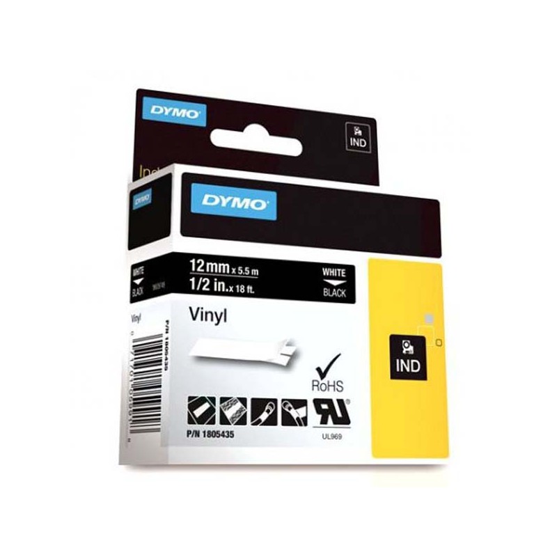 Dymo RHINO Tape Vinyl 12MM/5.5M/White ON Black GR