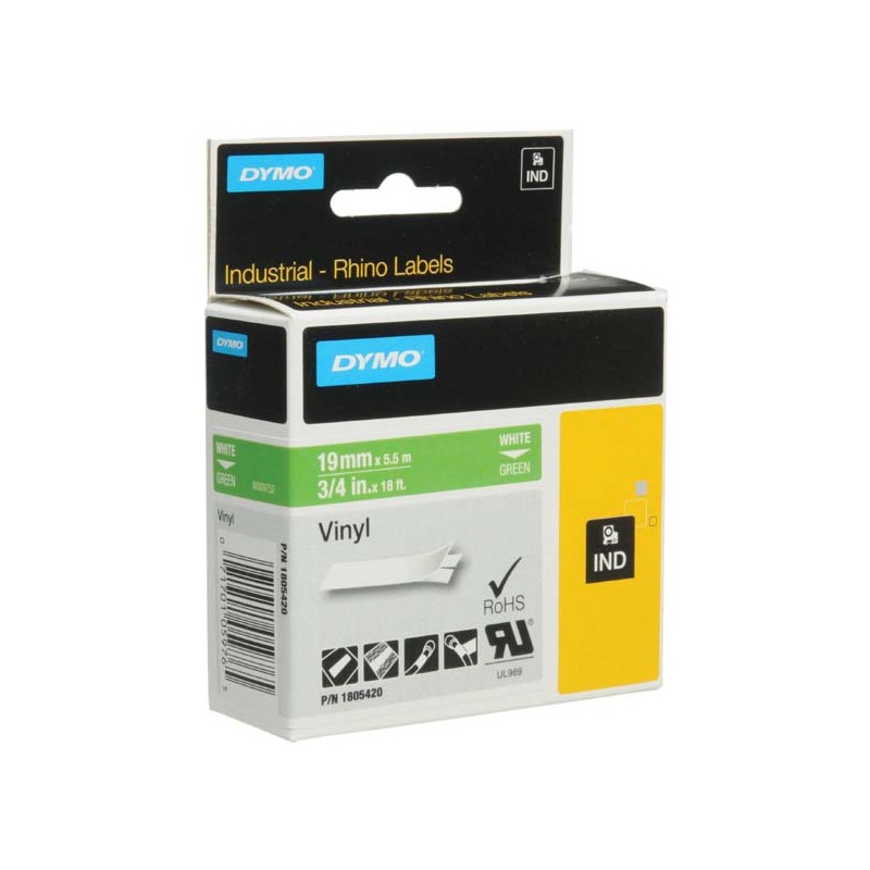 Dymo RHINO Band Ind Vinyl 19MMX5.5M/White ON Green