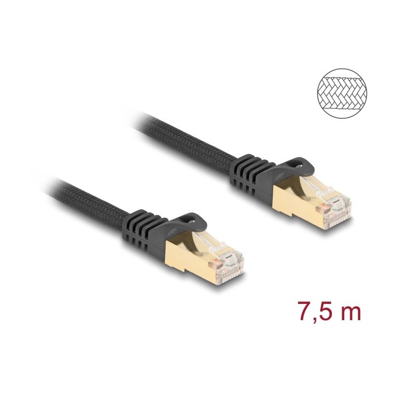 Delock - Patch kabel - RJ-45 (M) do RJ-45 (M) - 7.5 m - 7 mm - S/FTP - CAT 6a - provedení bez hrbolku, opletený povrch - cerná