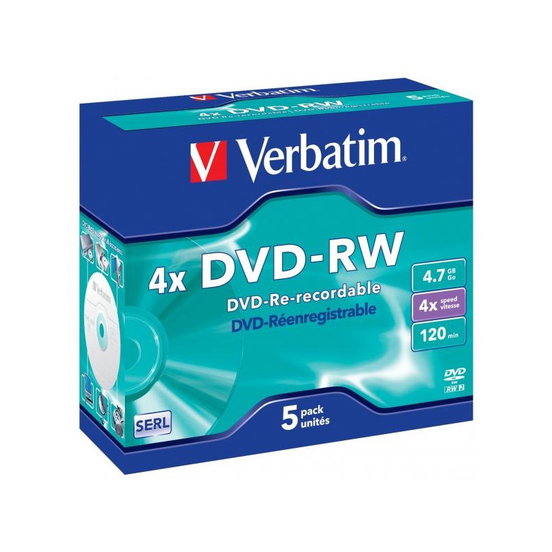 Verbatim DVD-RW, Matt Silver, 43285, 4.7GB, 4x, jewel box, 5-pack, bez možnosti potisku, 12cm, pro archivaci dat