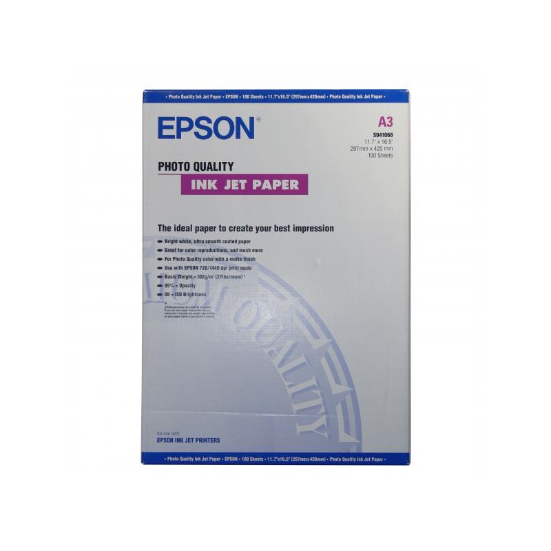 Epson Photo Quality InkJet Paper, C13S041068, foto papír, matný, bílý, A3, 105 g/m2, 720dpi, 100 ks, inkoustový