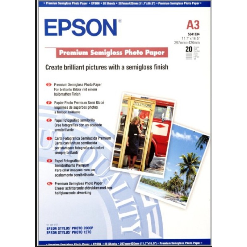 Epson Premium Semigloss Photo Paper, C13S041334, foto papír, pololesklý, bílý, Stylus Photo 1290, 2100, A3, 251 g/m2, 20 ks