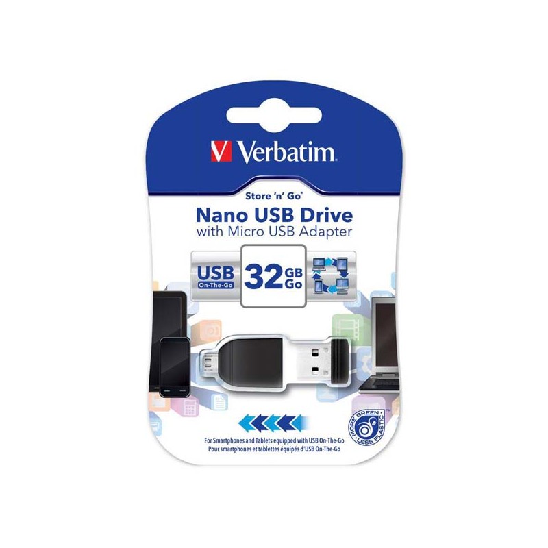 Verbatim USB flash disk, USB 2.0, 32GB, Nano, Store N Go, černý, 49822, USB A, s adaptérem USB Micro