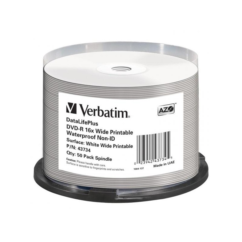 Verbatim DVD-R, Wide Printable Waterproof No ID Brand, 43734, 4.7GB, 16x, spindle, 50-pack, 12cm, pro archivaci dat