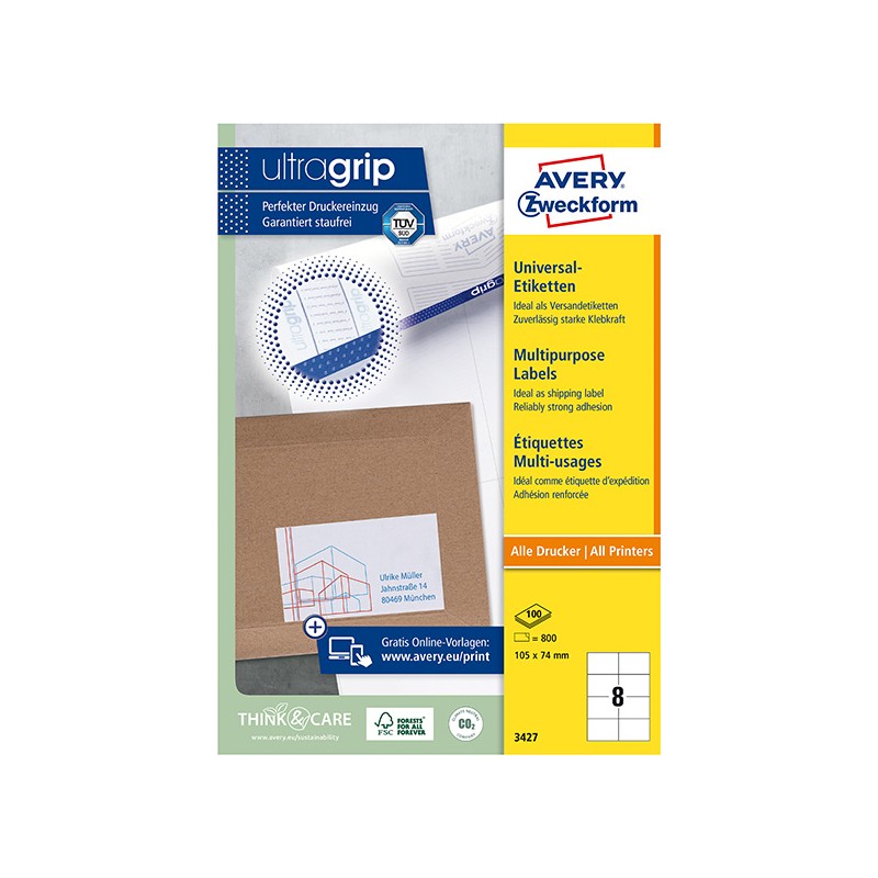 Avery Zweckform etikety 105mm x 74mm, A4, bílé, 8 etiket, baleno po 100 ks, 3427, pro laserové a inkoustové tiskárny, kopírky