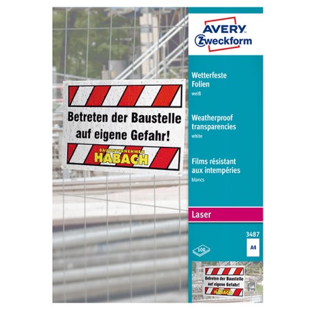 Avery Zweckform fólie 210mm x 297mm, A4, bílé, 1 etiketa, voděodolné, baleno po 100 ks, 3487, pro laserové tiskárny a kopírky