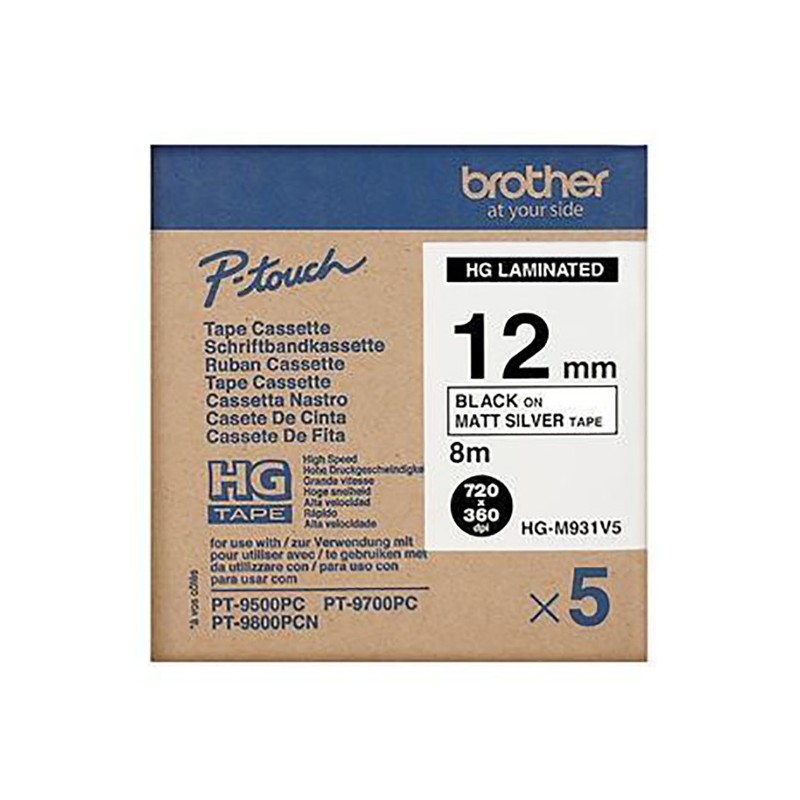 Brother originální páska do tiskárny štítků, Brother, HGE-M931, černý tisk/stříbrný matný podklad, 8m, 12mm, 5 ks v balení