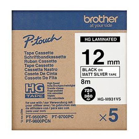 Brother originální páska do tiskárny štítků, Brother, HGE-M931, černý tisk/stříbrný matný podklad, 8m, 12mm, 5 ks v balení