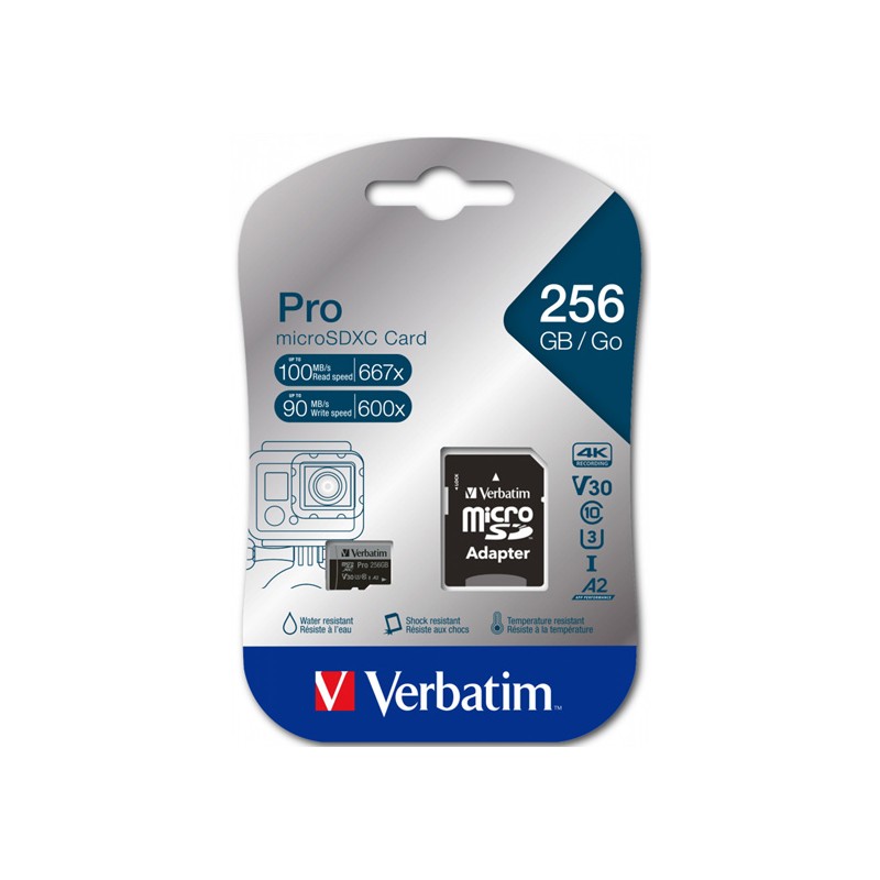Verbatim paměťová karta MicroSD, 256GB, micro SDXC, 47045, UHS 3 (U3), s adaptérem