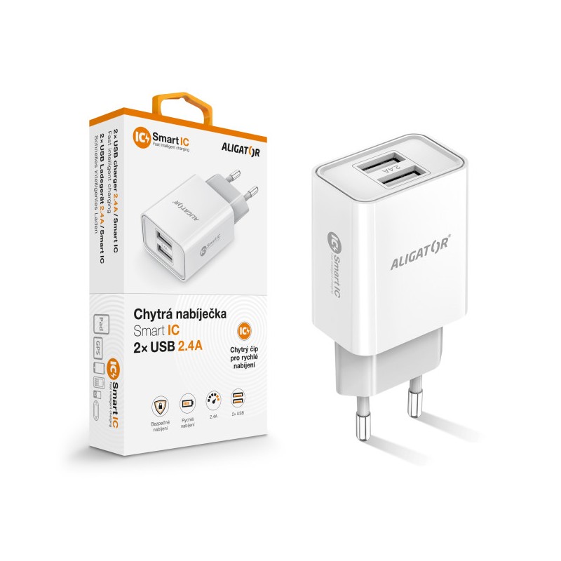 Chytrá síťová nabíječka ALIGATOR 2,4A, 2xUSB, smart IC, bílá