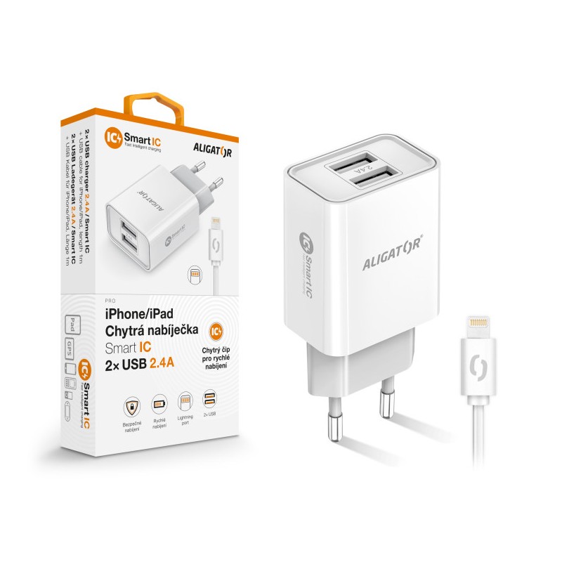 Chytrá síťová nabíječka ALIGATOR 2,4A, 2xUSB, smart IC, bílá, USB kabel pro iPhone/iPad