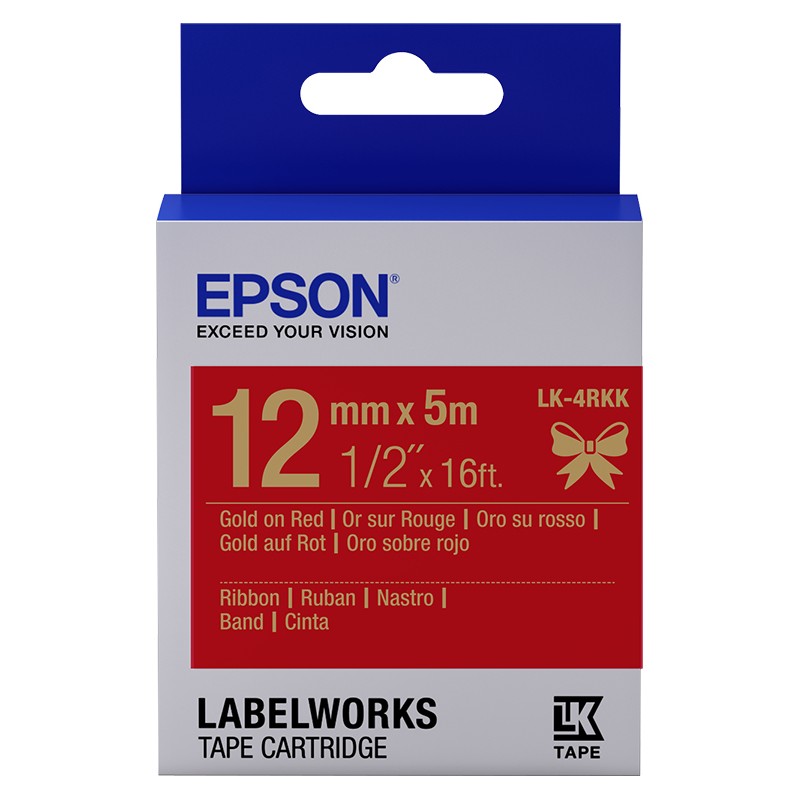 Epson zásobník se štítky – saténový pásek, LK-4HKK, zlatá/červená, 12 mm (5 m)