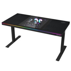 LORGAR stůl s volitelnou výškou, vestavěnou skříní pro PC, bezdrátovou nabíječkou, RGB a USB porty, dřevěná deska