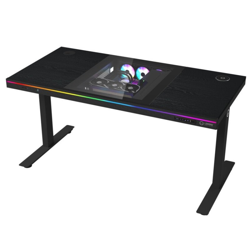 LORGAR stůl s volitelnou výškou, vestavěnou skříní pro PC, bezdrátovou nabíječkou, RGB a USB porty, dřevěná deska