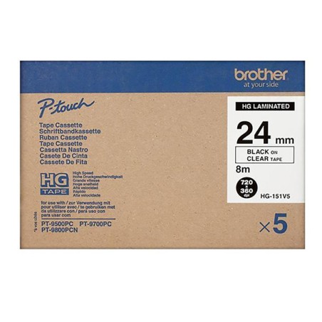 Brother originální páska do tiskárny štítků, Brother, HGE-151, černý tisk/průhledný podklad, 8m, 24mm, 5 ks v balení, cena za