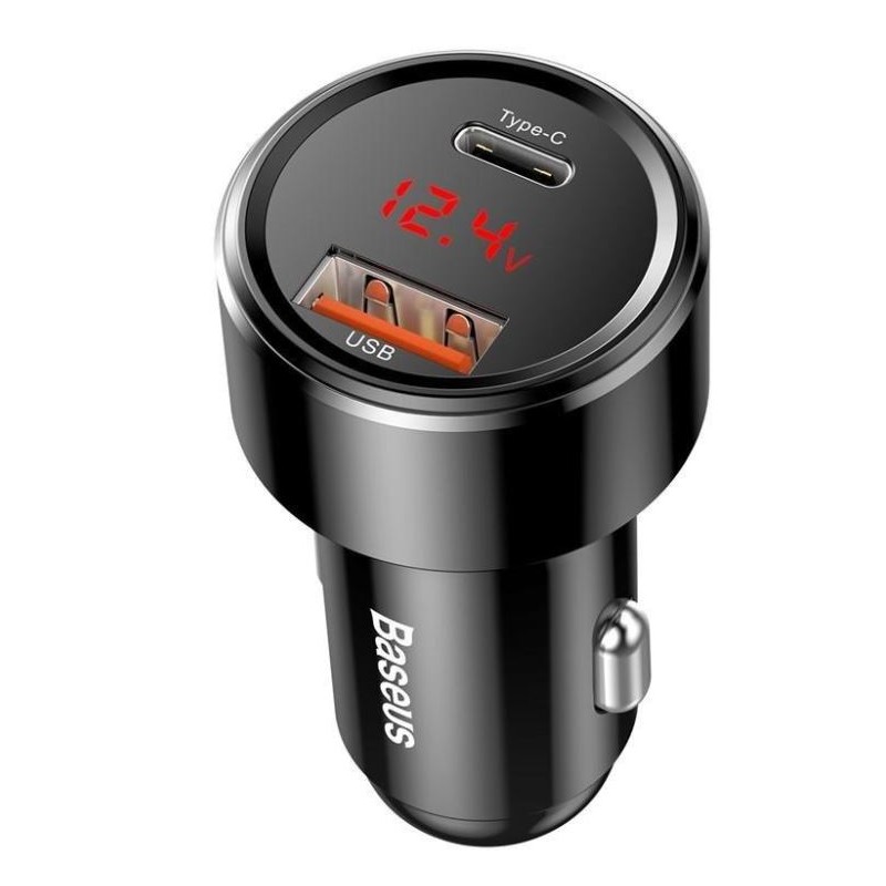 Baseus nabíječka do auta Magic USB-C PD, USB-A 45W s displejem černá