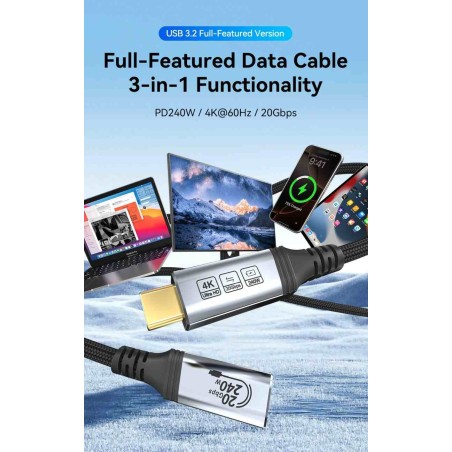 PremiumCord USB-C Prodlužovací kabel (USB 3.2 GEN 2x2) 5A 240W 20Gbps 4K@60Hz 1m