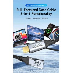 PremiumCord USB-C Prodlužovací kabel (USB 3.2 GEN 2x2) 5A 240W 20Gbps 4K@60Hz 3m