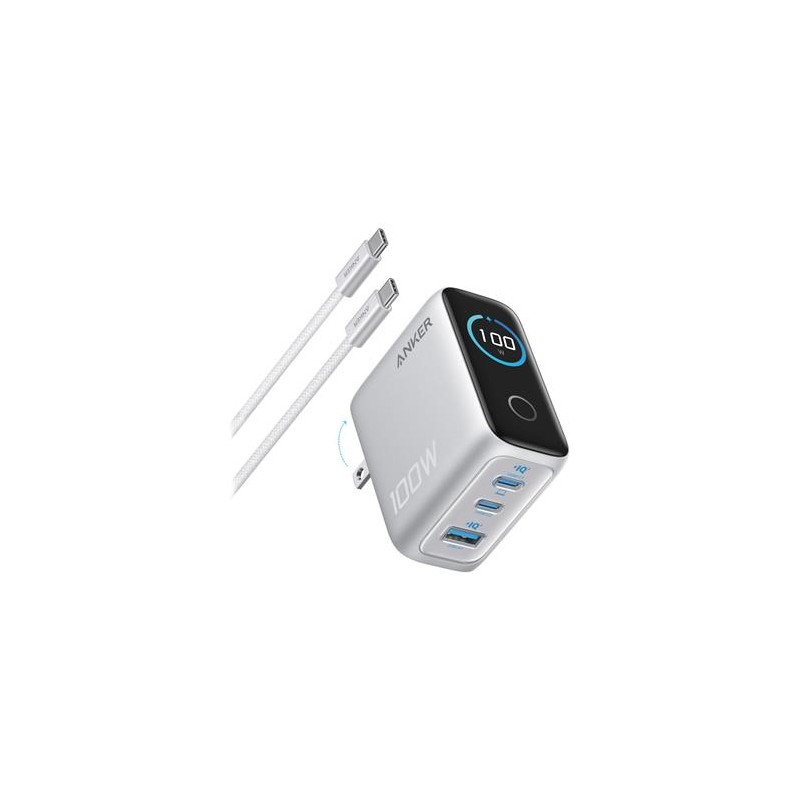 Anker Prime nabíječka/ 100W/ 2x USB-C/ USB/ displej/ stříbrná + USB-C kabel