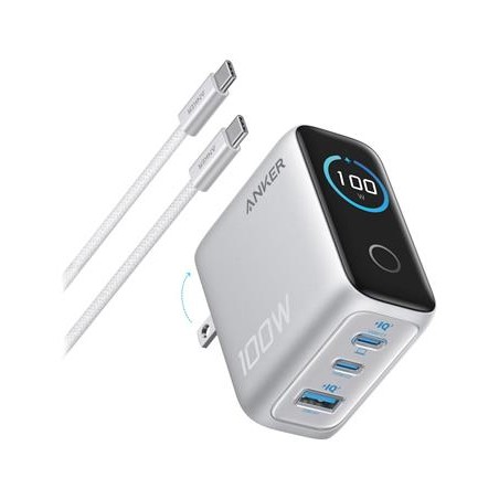 Anker Prime nabíječka/ 100W/ 2x USB-C/ USB/ displej/ stříbrná + USB-C kabel