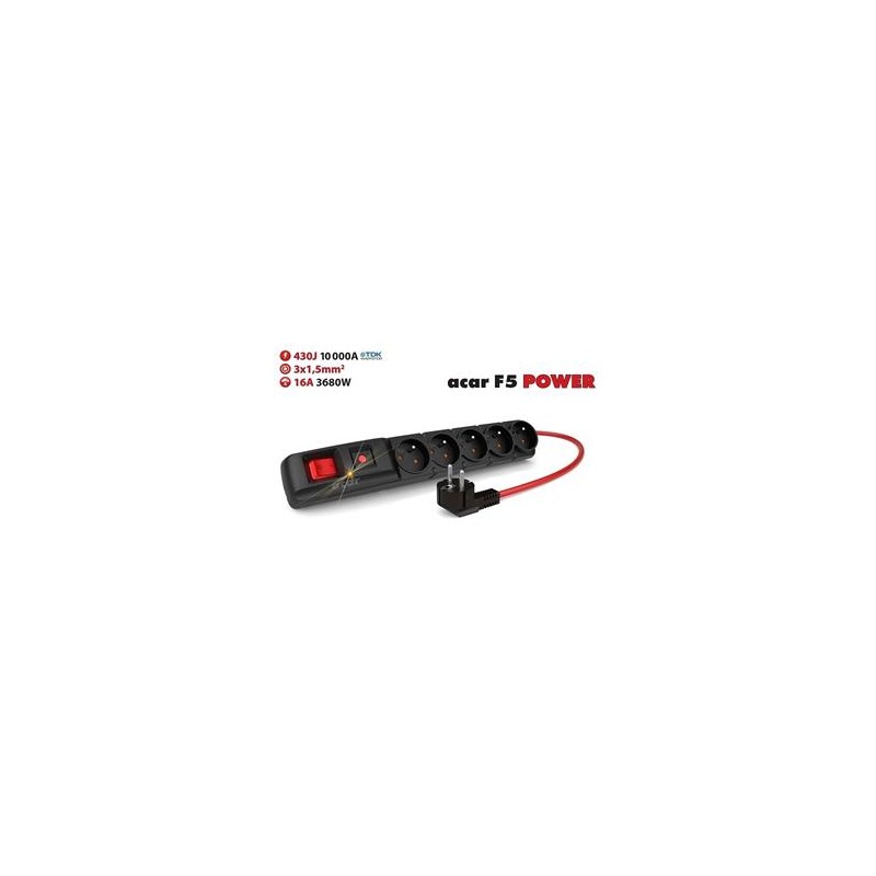 Acar F5 10m kabel, 5 zásuvek, přepěťová ochrana, max.proud 16A, černý