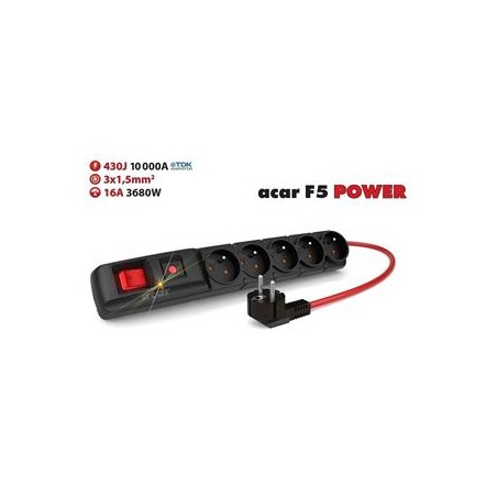 Acar F5 10m kabel, 5 zásuvek, přepěťová ochrana, max.proud 16A, černý