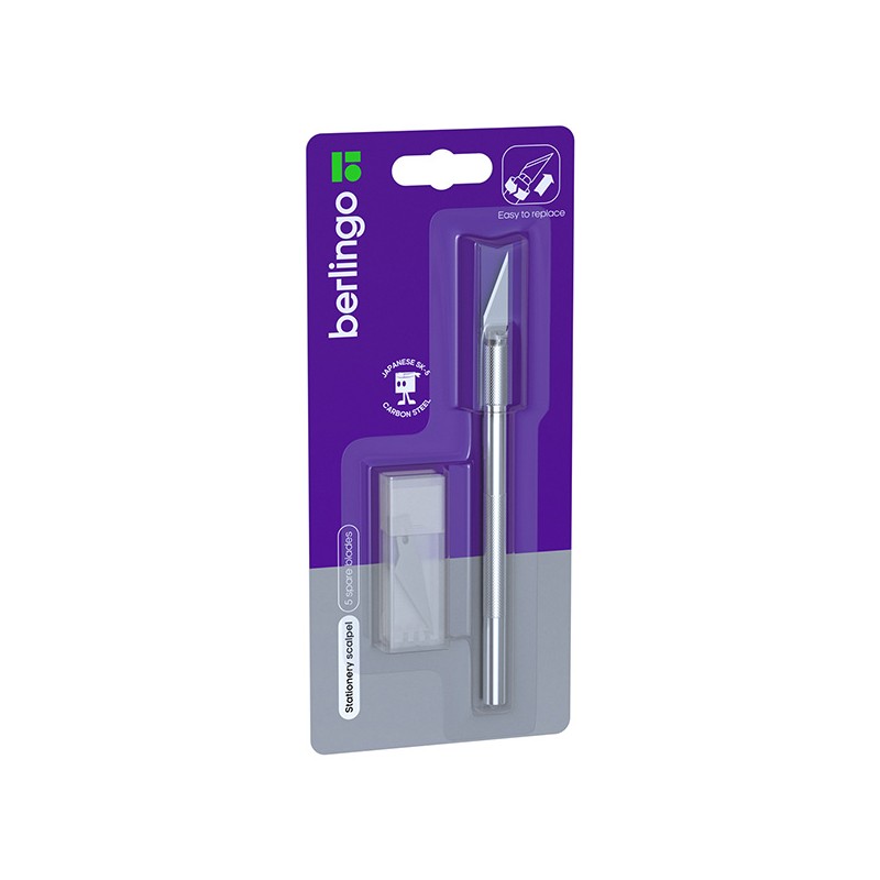 Papírnický skalpel hliníkový, 8mm, 1ks, Berlingo, 5 náhradních čepelí