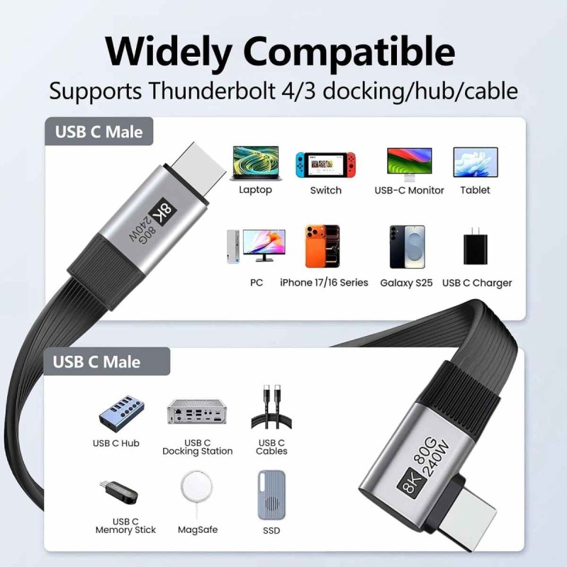 PremiumCord Plochý USB4™ Version2.0 80Gbps 8K@60Hz 240W Thunderbolt 5 zahnutý kabel 13cm ku4fa5