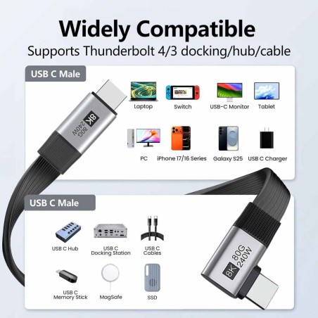 PremiumCord Plochý USB4™ Version2.0 80Gbps 8K@60Hz 240W Thunderbolt 5 zahnutý kabel 13cm ku4fa5
