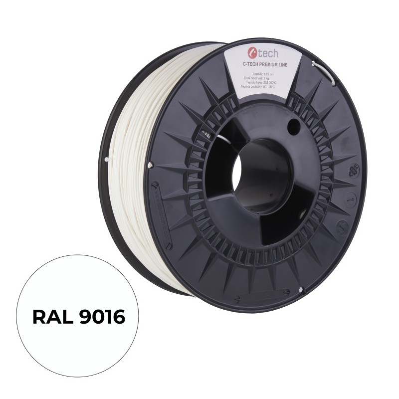 Tisková struna (filament) C-TECH PREMIUM LINE, PETG, dopravní bílá, RAL9016, 1,75mm, 1kg