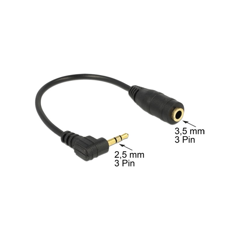 Delock audio stereo kabel 2,5 mm samec pravoúhlý na 3,5 mm samice,3 pin 14 cm