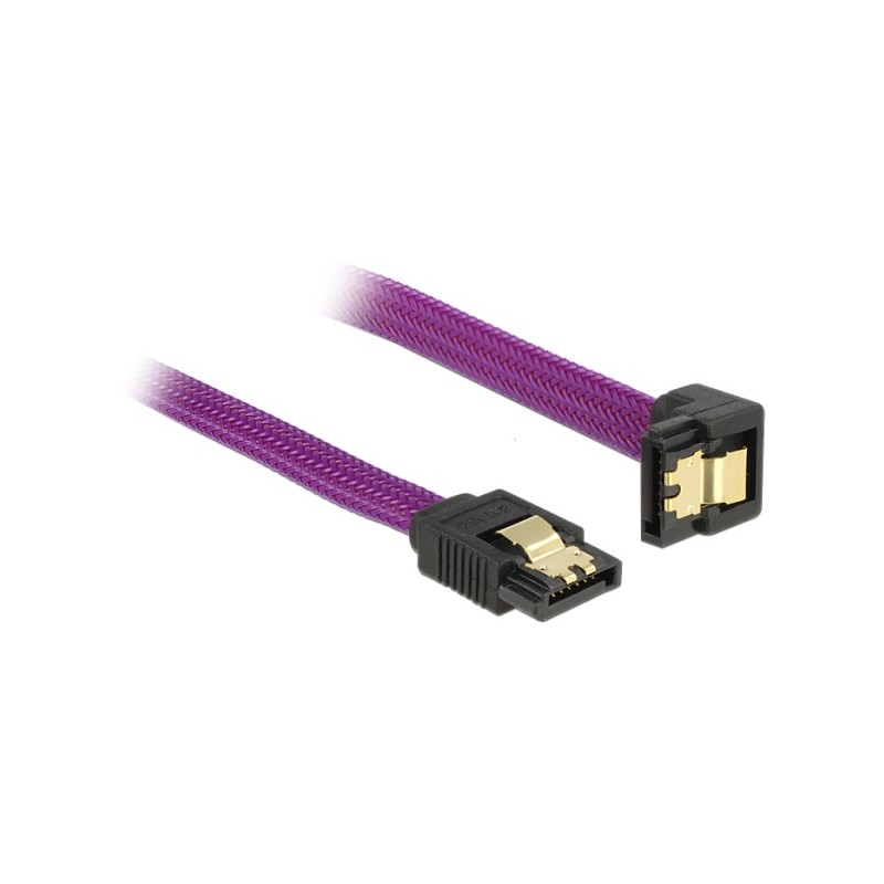 Delock SATA kabel 6 Gb/s, 30 cm otočený dole/rovný, kovové svorky, fialový Premium