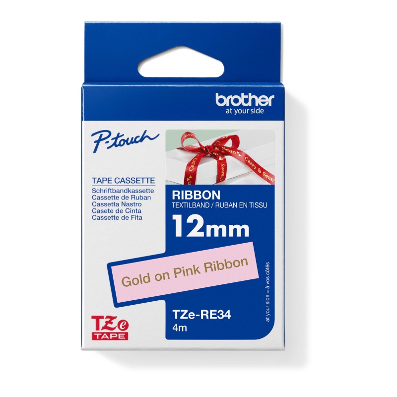 Brother originální páska do tiskárny štítků, Brother, TZE-RE34, zlatý tisk/růžový podklad, 4m, 12mm, pruhovaná