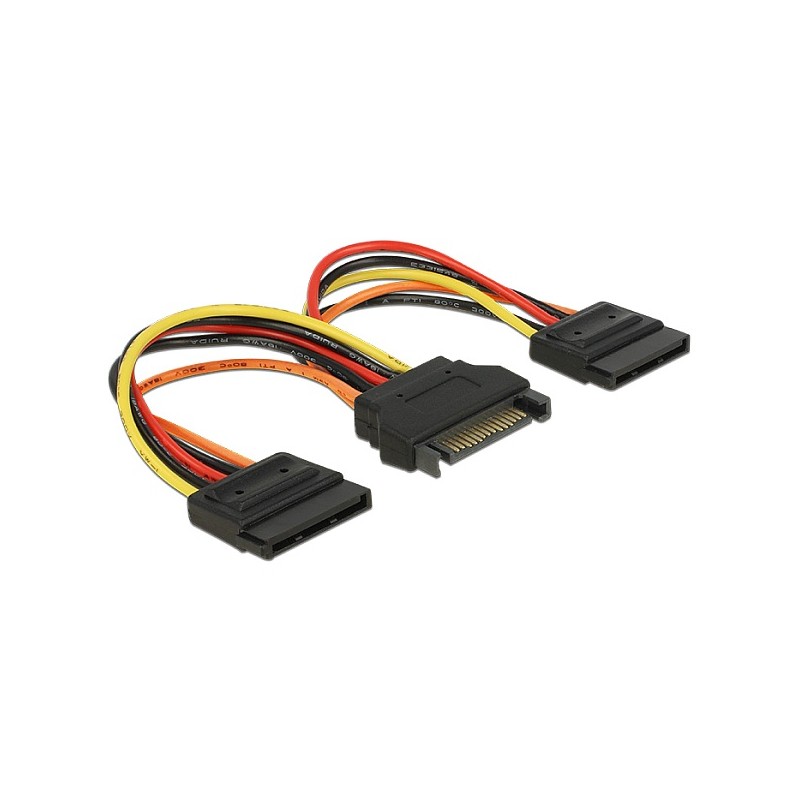 Delock Napájecí kabel SATA 15 pin samec 2 x Power SATA 15 pin samice 15 cm