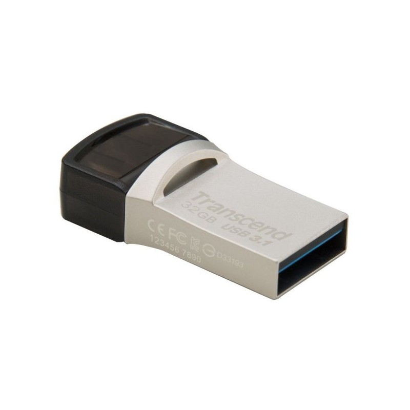 Transcend 32GB JetFlash 890, USB-C/USB 3.1 duální flash disk, malé rozměry, stříbrný kov, odolá prachu i vodě