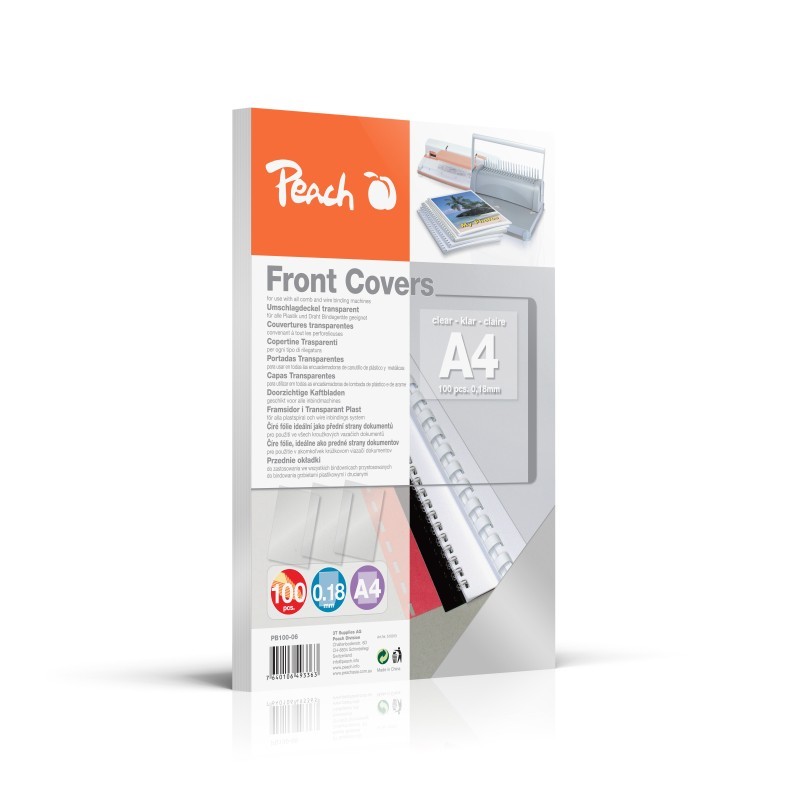 PEACH vazací přední desky 0.18mm A4 transparentní, plast, 100 ks