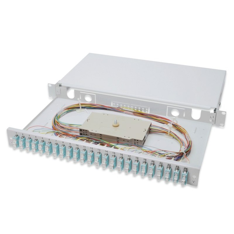 Digitus Fiber Optic Sliding Splice Box, 1U, Equipped 24x SC duplex, incl. M 25 Screw, Splice Cassette OM 3 Color Pigtails