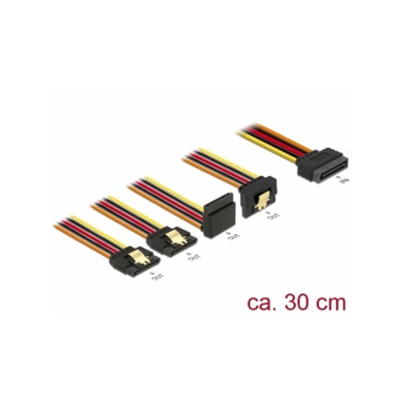 Delock Kabel SATA 15 pin napájecí samec s aretací SATA 15 pin napájecí samice 2 x přímý / 1 x dolů / 1 x nahoru 30 cm