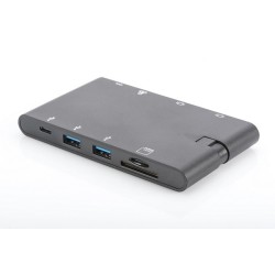 Digirus Univerzální cestovní dokovací stanice, USB 3.1 Type C, 4K, HDMI, VGA, 2x USB-C, 2x USB3.0, RJ45, MicroSD, SD / MMC