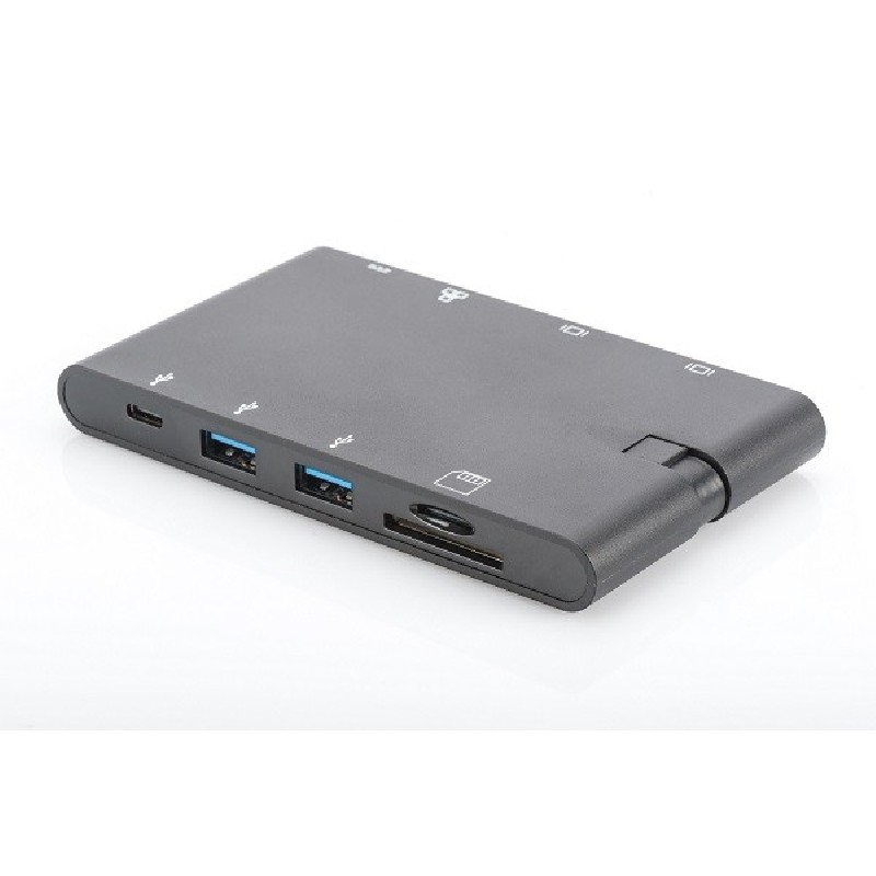 Digirus Univerzální cestovní dokovací stanice, USB 3.1 Type C, 4K, HDMI, VGA, 2x USB-C, 2x USB3.0, RJ45, MicroSD, SD / MMC