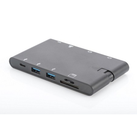 Digirus Univerzální cestovní dokovací stanice, USB 3.1 Type C, 4K, HDMI, VGA, 2x USB-C, 2x USB3.0, RJ45, MicroSD, SD / MMC