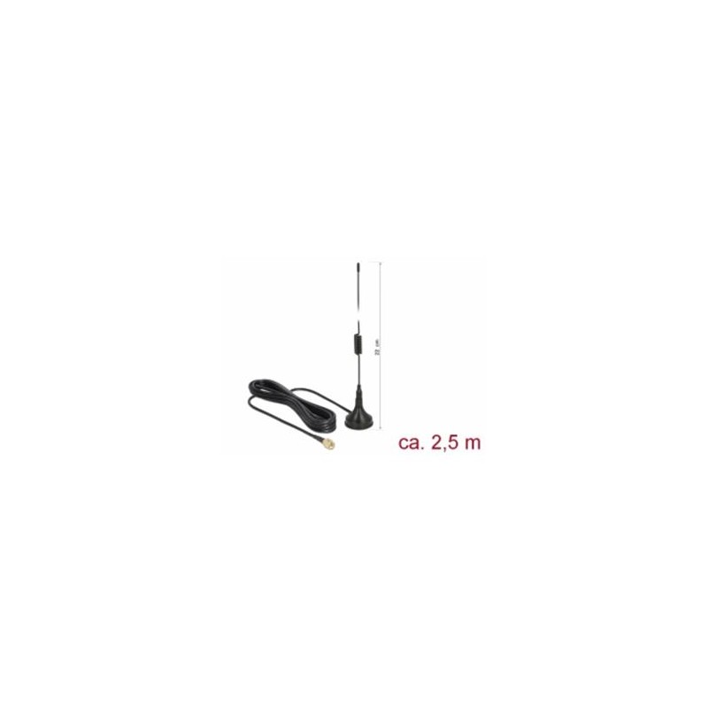 Delock LTE Anténa SMA samec 90° 2,5 dBi všesměrová pevná s magnetickou základnou a připojovací kabel RG-174 2,5 m venkov