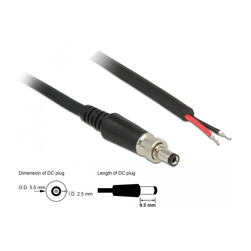 Delock Napájecí kabel DC 5,5 x 2,5 x 9,5 mm šroubovací s odhalenými konci drátů 95 cm
