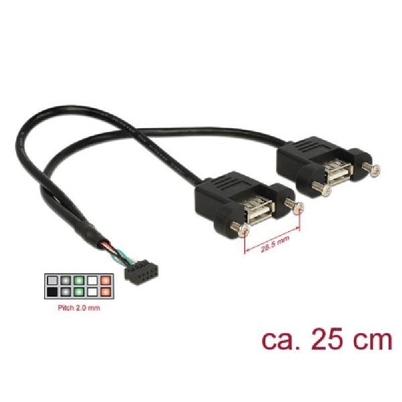 Delock Kabel USB 2.0 pin konektor samice 2,00 mm 10 pin 2 x USB 2.0 Typ-A samice panel pro montáž 25 cm
