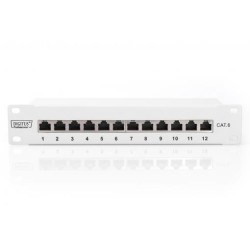 DIGITUS CAT 6, patch panel třídy E, stíněný, 12 portů RJ45 8P8C, LSA, 1U, 254 mm (10 "), montáž do stojanu, šedá