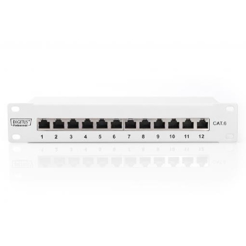 DIGITUS CAT 6, patch panel třídy E, stíněný, 12 portů RJ45 8P8C, LSA, 1U, 254 mm (10 "), montáž do stojanu, šedá