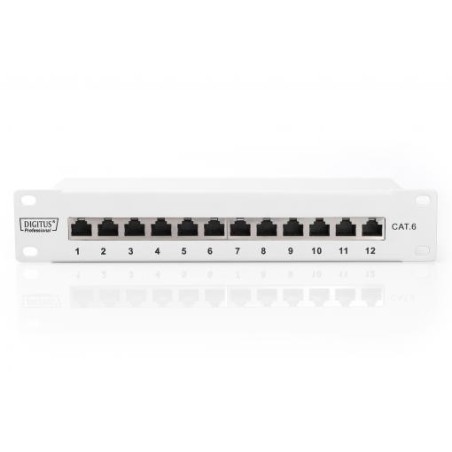 DIGITUS CAT 6, patch panel třídy E, stíněný, 12 portů RJ45 8P8C, LSA, 1U, 254 mm (10 "), montáž do stojanu, šedá